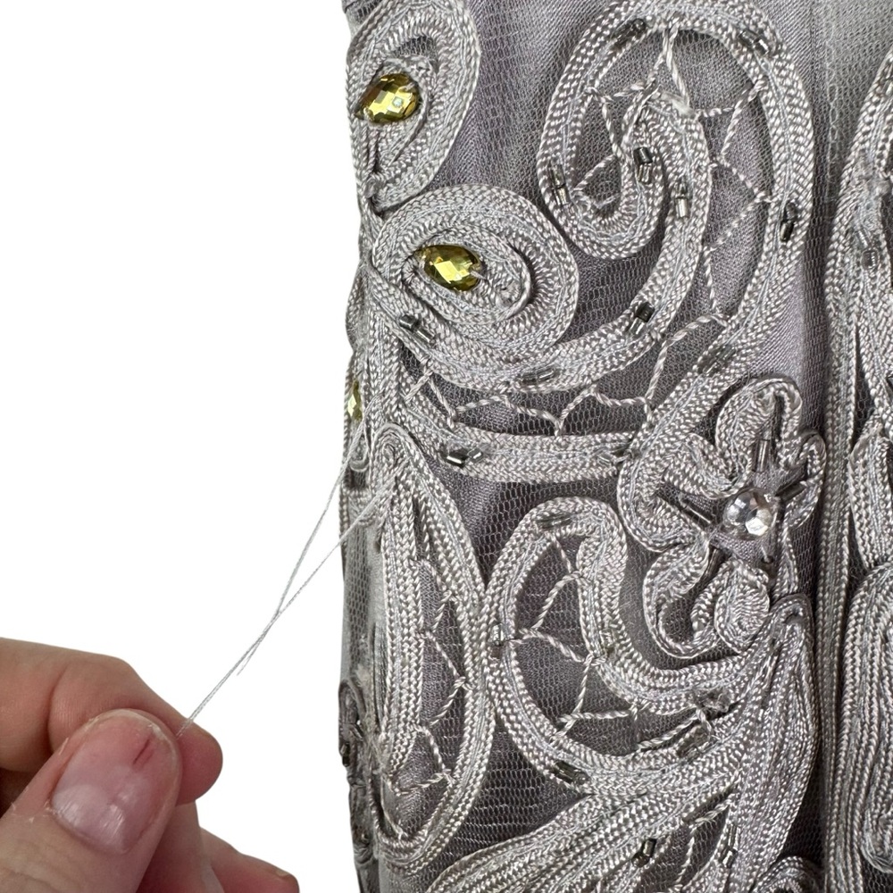 SUE WONG NOCTURNE Silver Embellished Beaded Cocktail Dress Sleeveless Party 0 XS - Picture 9 of 14